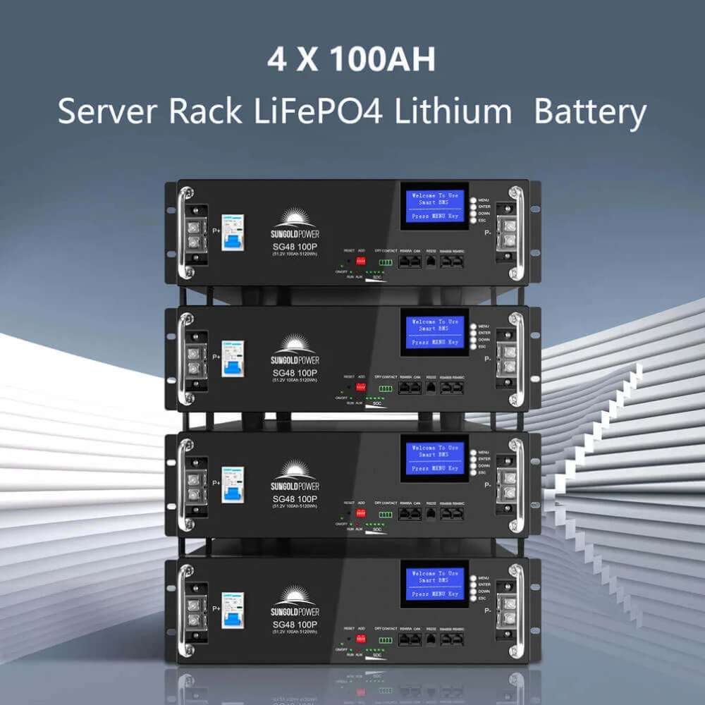 Four stacked 100Ah server rack LiFePO4 batteries for Sun Gold Power 8000W 48VDC 120V/240V LifePo4 20.48KWH Lithium Battery Off-Grid Solar Kit SGM-8K20