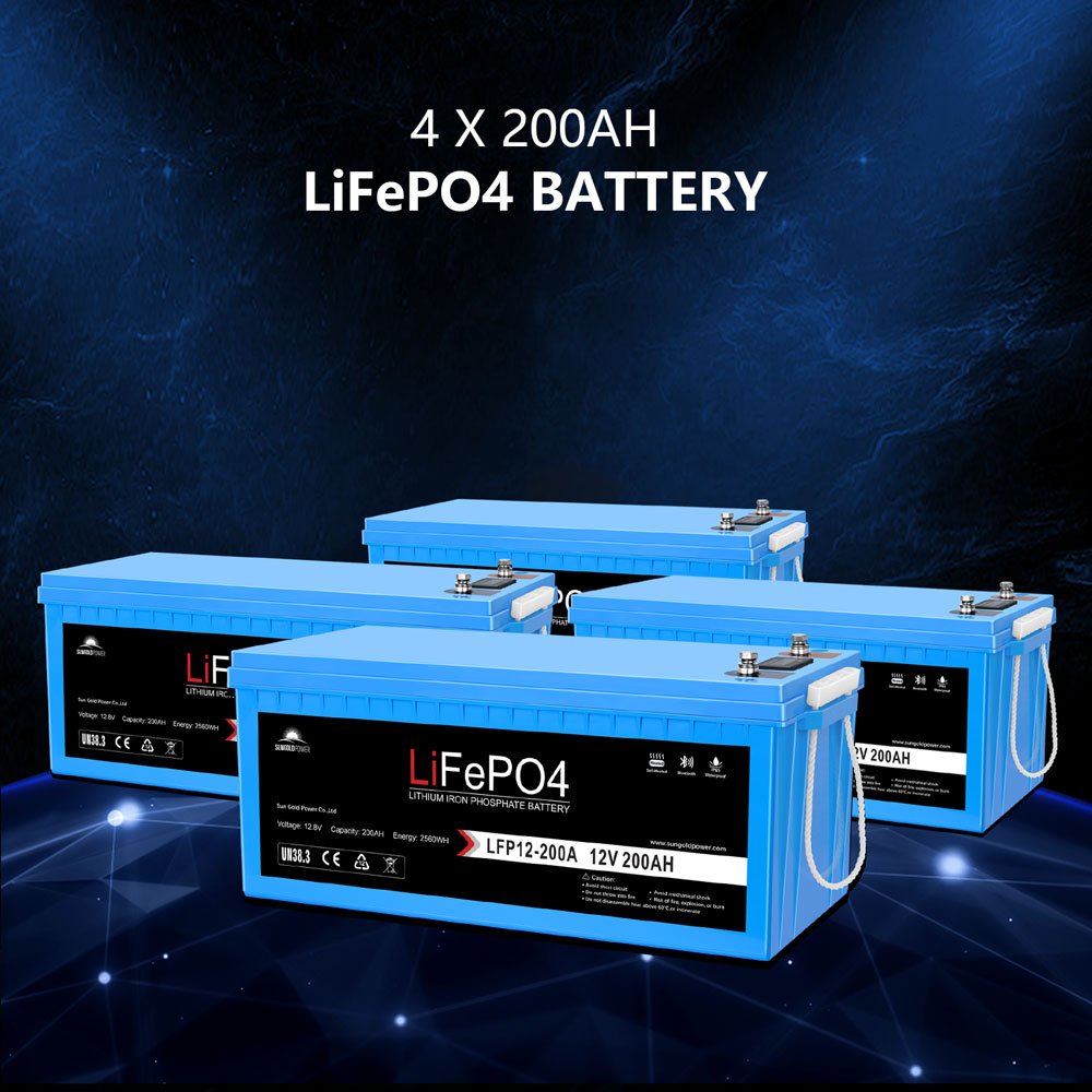 Four stacked 12.8V 200Ah LiFePO4 lithium batteries providing 10.24kWh of storage in the Sun Gold Power Complete 8000W 48V 120V/240V 10.24KWH Lithium Battery 5400W Solar Panel Off-Grid Solar Kit