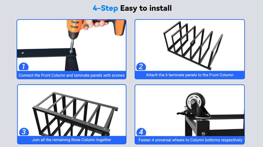Four-step assembly guide for Sun Gold Power 5-Layer Battery Rack showing the installation process