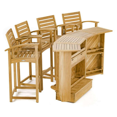 Four tall stools and an opened bar unit from Westminster Teak Somerset 5pc Teak High Bar Set are displayed together on a white background from a side angle