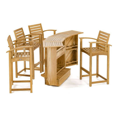 Four tall teak stools surround an opened storage bar table from the Westminster Teak Somerset 5pc Teak High Bar Set, revealing interior compartments