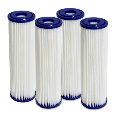 Four tall white pleated cartridges with navy blue end caps stand side by side in this view of Golden Designs Dynamic Cold Therapy 10x2.5 20 Micron Filters (4 Pack)