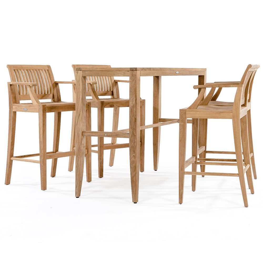 Four teak bar stools with armrests arranged around a rectangular table in Westminster Teak Laguna 5pc Teak High Bar Set