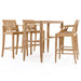 Four teak bar stools with armrests arranged around a rectangular table in Westminster Teak Laguna 5pc Teak High Bar Set