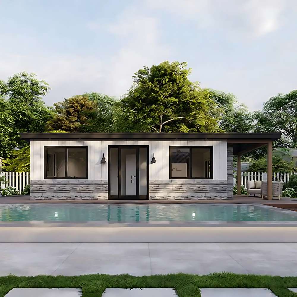 Framed by greenery and glowing under morning light, Sawmill Structures The Tremblant Garden Suites faces forward with a pool in front and a lounge area