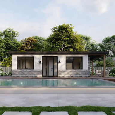 Framed by greenery and glowing under morning light, Sawmill Structures The Tremblant Garden Suites faces forward with a pool in front and a lounge area