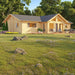 Front-angle view shows the GardenHouse24 USA Francesca 70 Garden Room with a wide deck, lounge chairs, potted plants, and vibrant landscaping