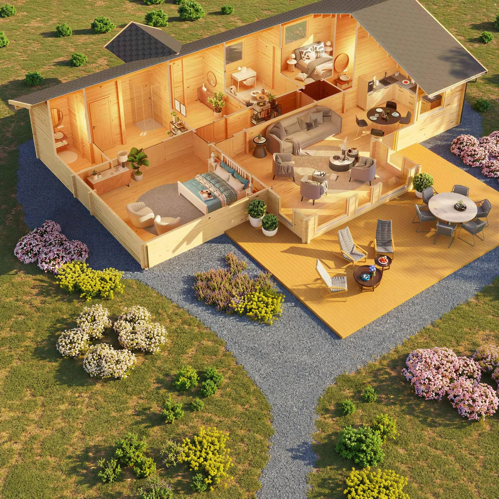 A cutaway interior rendering shows bedrooms, bathrooms, living area, and kitchen fully furnished inside the GardenHouse24 USA Francesca 70 Garden Room