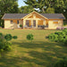 Straight-on view reveals the symmetrical facade, multiple entrances, and a fully furnished deck of the GardenHouse24 USA Francesca 70 Garden Room