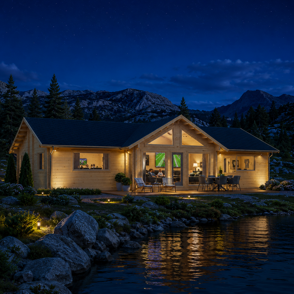 Francesca 70 glowing beside a Wyoming alpine lake while family and friends watch sports inside.
