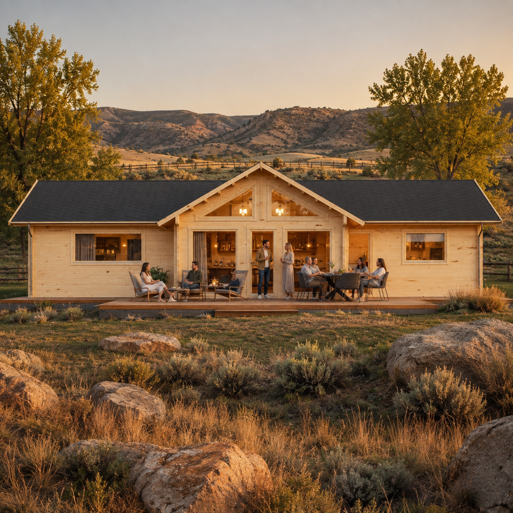 Francesca 70 entertainment bar with adults socializing in Wyoming’s golden Cody foothills.