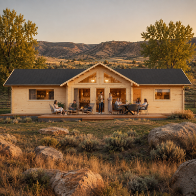 Francesca 70 entertainment bar with adults socializing in Wyoming’s golden Cody foothills.