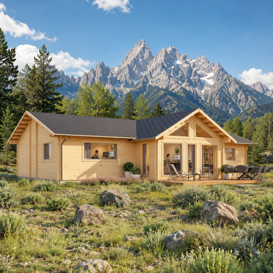 Francesca 70 home office in a sunny Wyoming sagebrush meadow beneath the Teton Range.