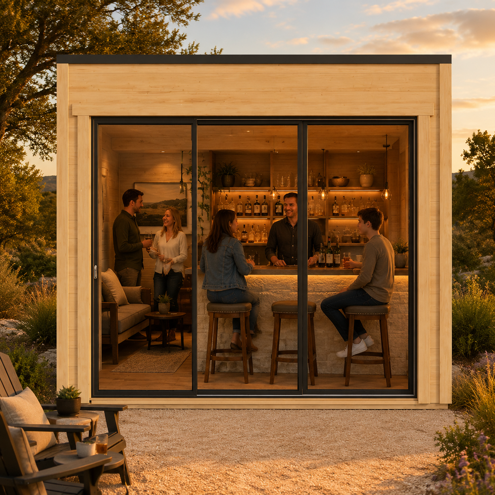 Rectangular light wood studio with glass sliding doors, featuring a lit interior bar where four people gather at sunset.