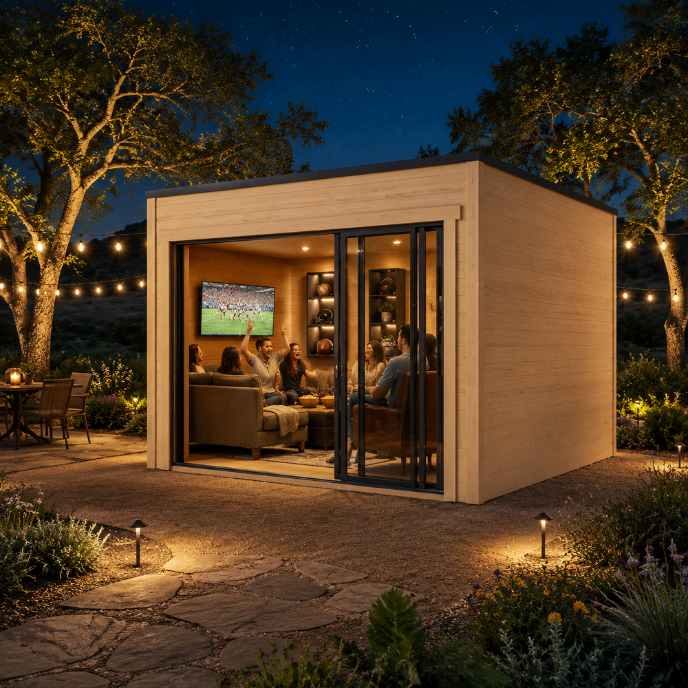 Rectangular wood studio with glass sliding doors at night, showing people inside a lit room with a television.