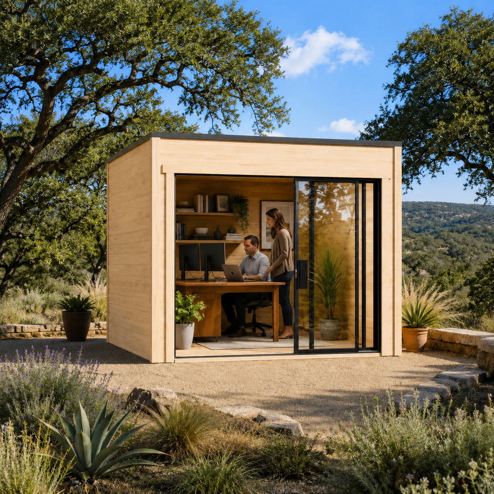 Square wood studio with glass sliding doors and two people working inside a Q Bic ALU 70G Freedom Office.
