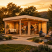 Modern wood studio with glass walls and flat roof at sunset, featuring an interior bar and outdoor seating area.