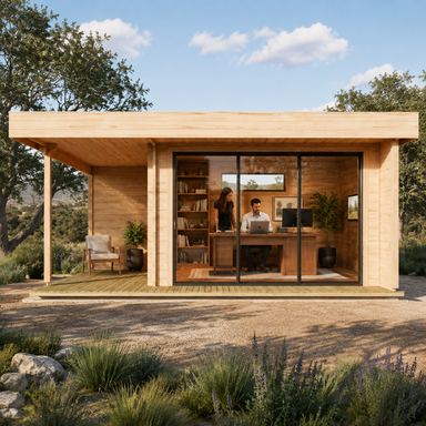 Modern wood studio with glass sliding doors, a porch, and two people working inside the ALU Concept Relax 70A office.