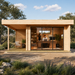 Modern wood studio with glass sliding doors, a porch, and two people working inside the ALU Concept Relax 70A office.