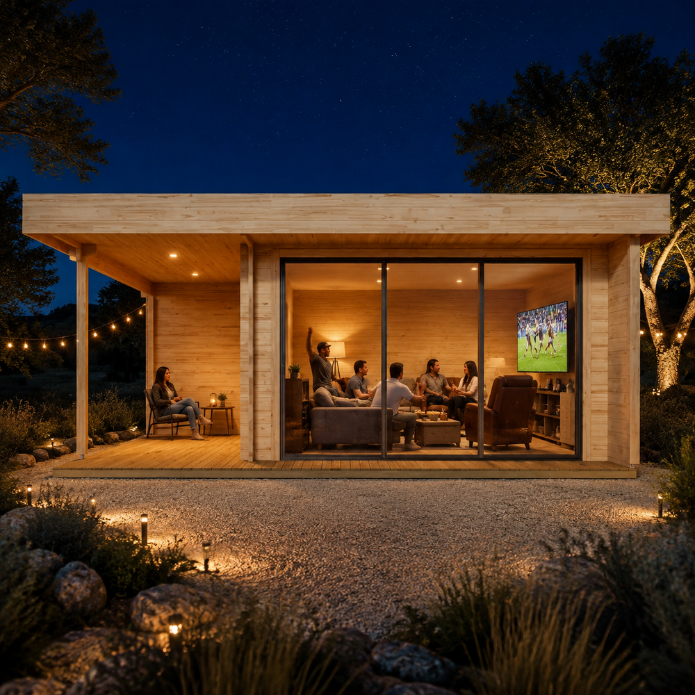 Rectangular wood studio with glass doors at night, featuring people inside a lit lounge and a woman on the porch.