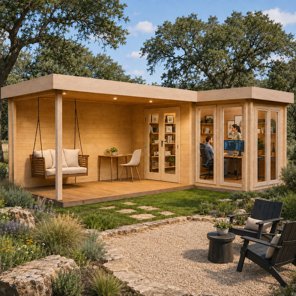 L-shaped light wood studio with a porch, hanging swing, and glass-walled office area in a landscaped backyard.