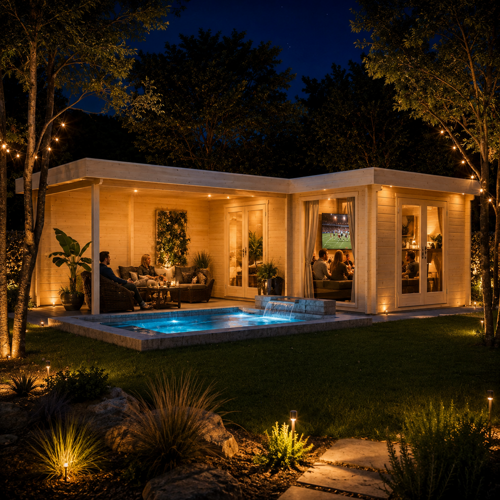 L-shaped wood studio with glass doors and a small pool at night, labeled Luisa 70 – Freedom Office.