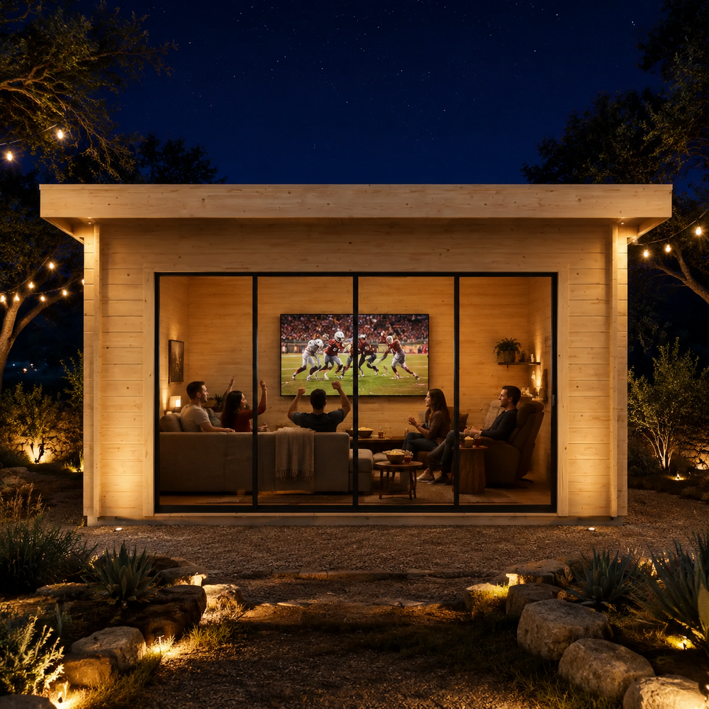 Rectangular wood studio with glass doors at night, showing five people inside watching a football game on a large screen.