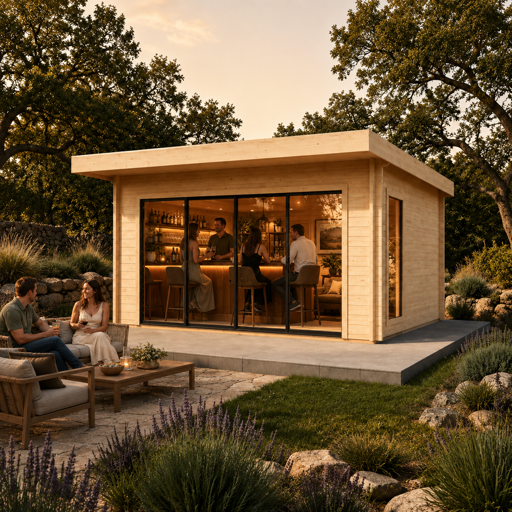 Rectangular light wood studio with glass sliding doors and a flat roof, featuring an interior bar and outdoor patio seating.
