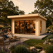 Rectangular light wood studio with glass sliding doors and a flat roof, featuring an interior bar and outdoor patio seating.