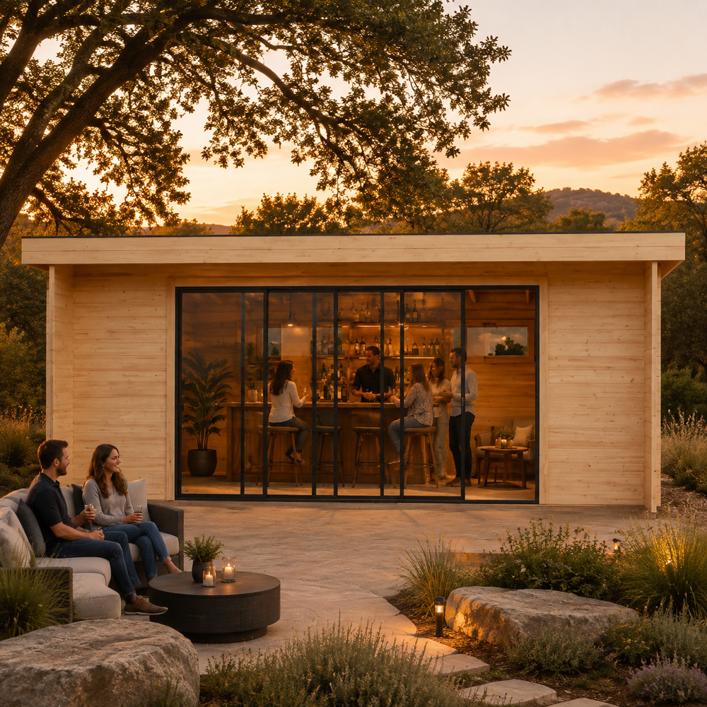 Rectangular light wood studio with glass sliding doors and people gathered at an interior bar and outdoor patio at sunset.