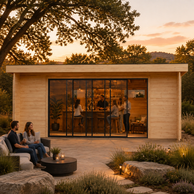 Rectangular light wood studio with glass sliding doors and people gathered at an interior bar and outdoor patio at sunset.