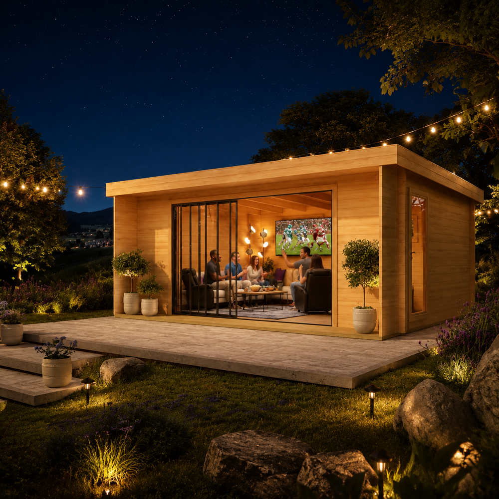 Rectangular wood studio with glass sliding doors and an outdoor patio, illuminated at night with string lights.