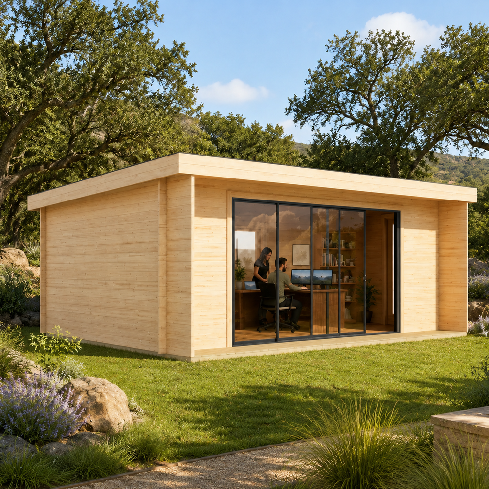 Rectangular light wood ALU Concept 70I studio with large glass sliding doors on a grassy lawn surrounded by trees.