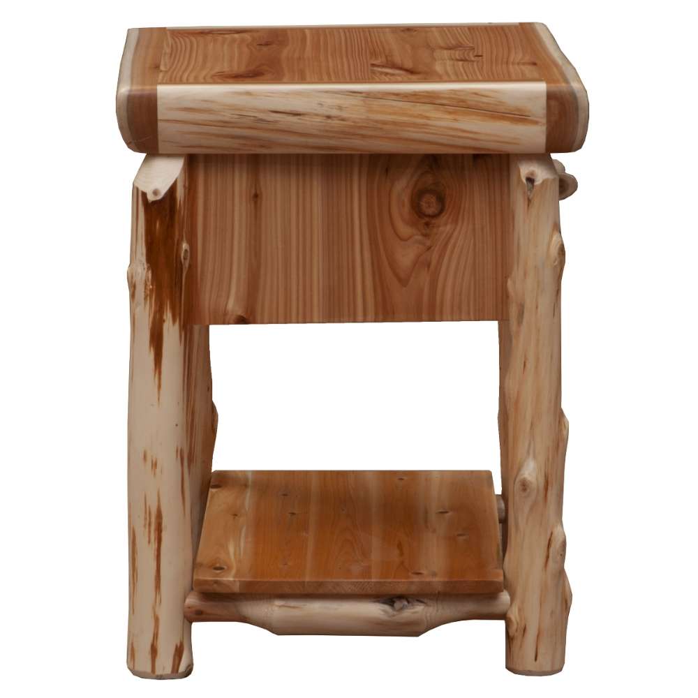 From the back, the Fireside Lodge Cedar Log One Drawer Nightstand with Shelf shows solid cedar construction with a thick top and open shelf