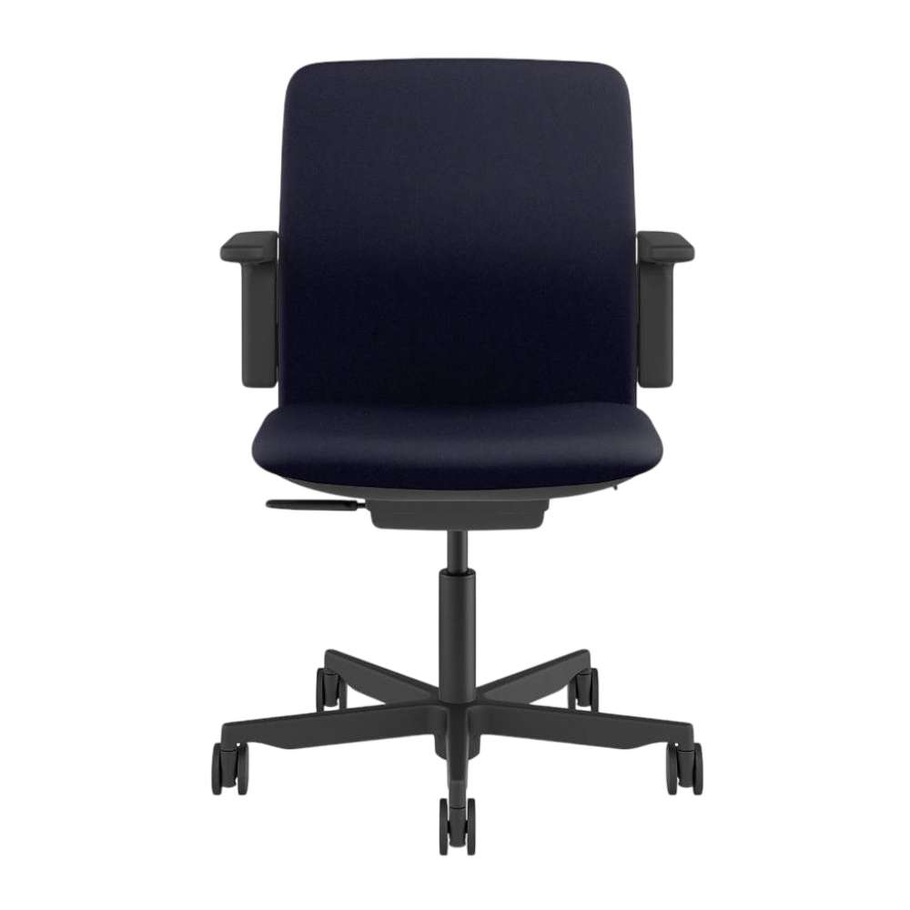 From the front, Crate & Barrel Humanscale® Path Blue Eco Knit Office Chair highlights a wide blue upholstered backrest, cushioned seat, fixed armrests, and a rolling base