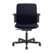From the front, Crate & Barrel Humanscale® Path Blue Eco Knit Office Chair highlights a wide blue upholstered backrest, cushioned seat, fixed armrests, and a rolling base