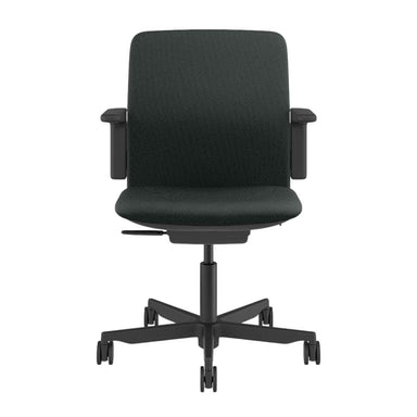 From the front, Crate & Barrel Humanscale® Path Green Eco Knit Office Chair highlights a wide green upholstered backrest, padded seat, fixed armrests, and a rolling base