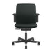 From the front, Crate & Barrel Humanscale® Path Green Eco Knit Office Chair highlights a wide green upholstered backrest, padded seat, fixed armrests, and a rolling base