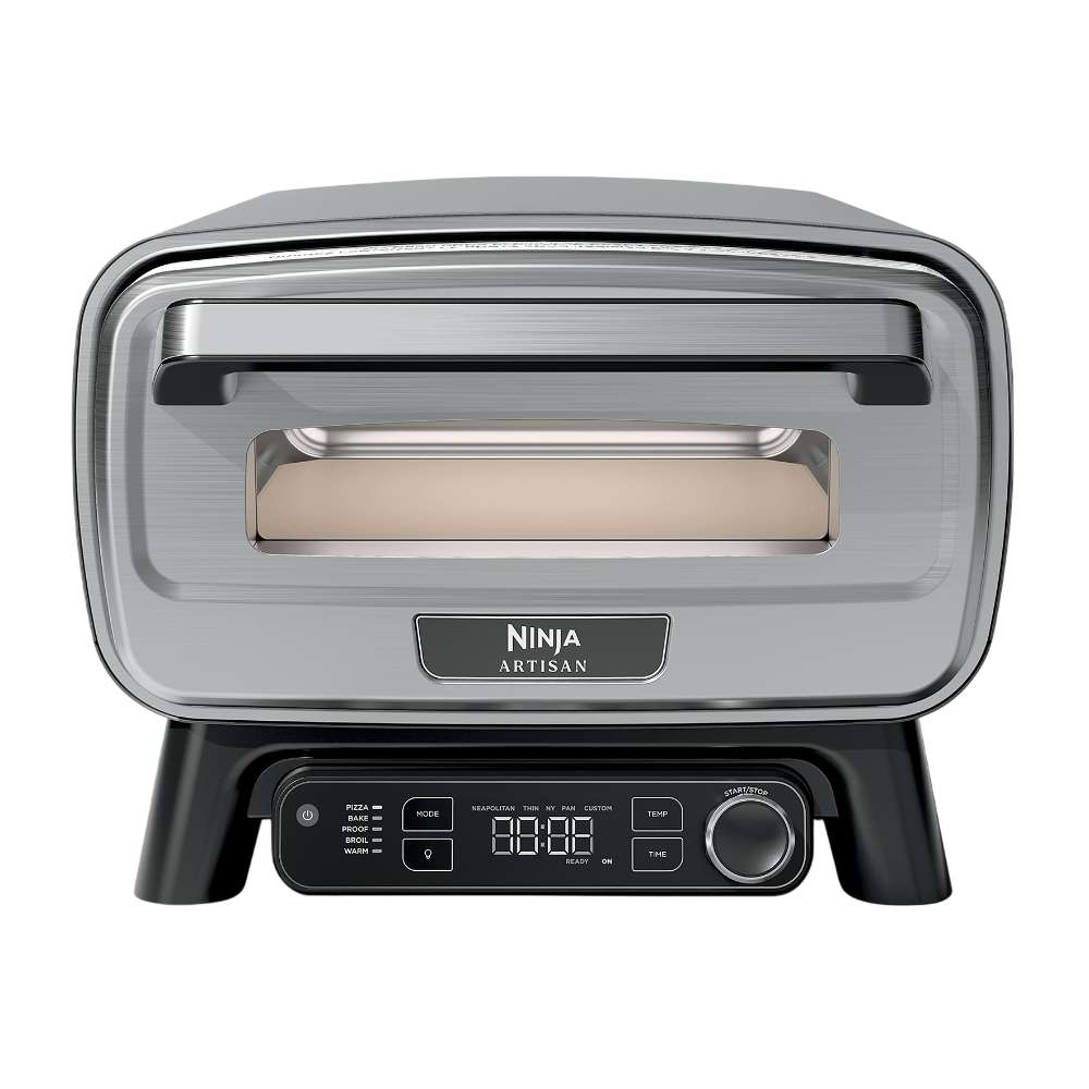 From the front, Ninja Artisan 5-in-1 Portable Electric Pizza & Outdoor Oven shows its large handle, viewing window, and digital controls