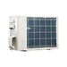 From the rear left, the condenser for ACiQ 18000 BTU Essentials 17 SEER2 Single Zone Wall Mount Mini Split Heat Pump System shows blue coil fins protected by a white wire grid