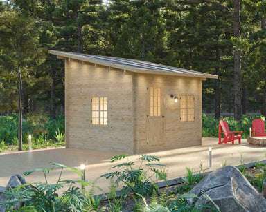 From a slightly angled view, the Sawmill Structures Multi Cube Versa 100 Garden Room reveals a clean wooden exterior with warm indoor lighting glowing