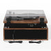 From the back, the Crosley Riff Record Player With Speakers - Walnut reveals aux input ports, speaker output, and power connections