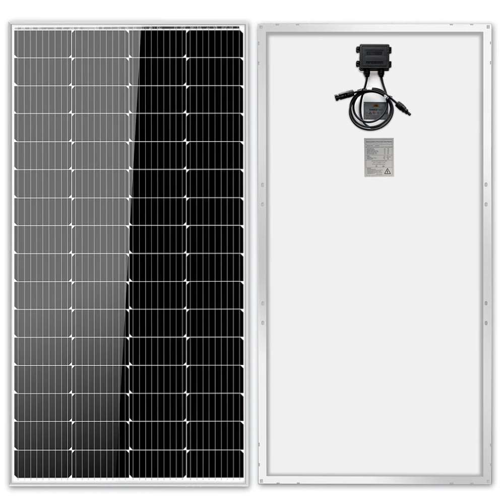 Front and rear views of Sun Gold Power 200W Monocrystalline Solar Panel show the solar cells, aluminum frame, and rear junction box