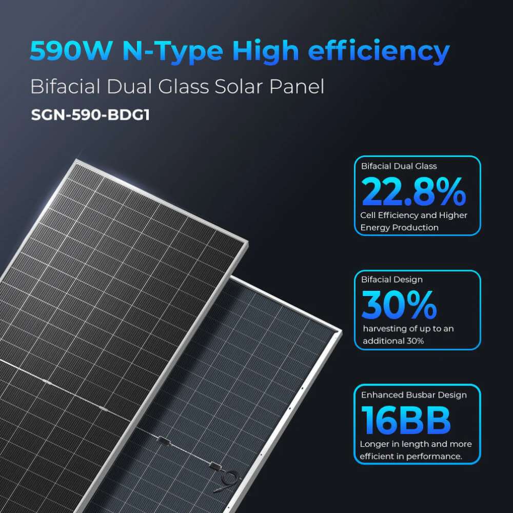Front and rear views of Sun Gold Power 590W Bifacial N-Type Monocrystalline Solar Panel showcase its bifacial design, 22.8% efficiency, and 16-busbar technology