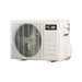 Front angle of the white outdoor condenser for ACiQ 12000 BTU Essentials 20 SEER2 Single Zone Wall Mount Mini Split Heat Pump System shows the round fan grille and black ACiQ badge