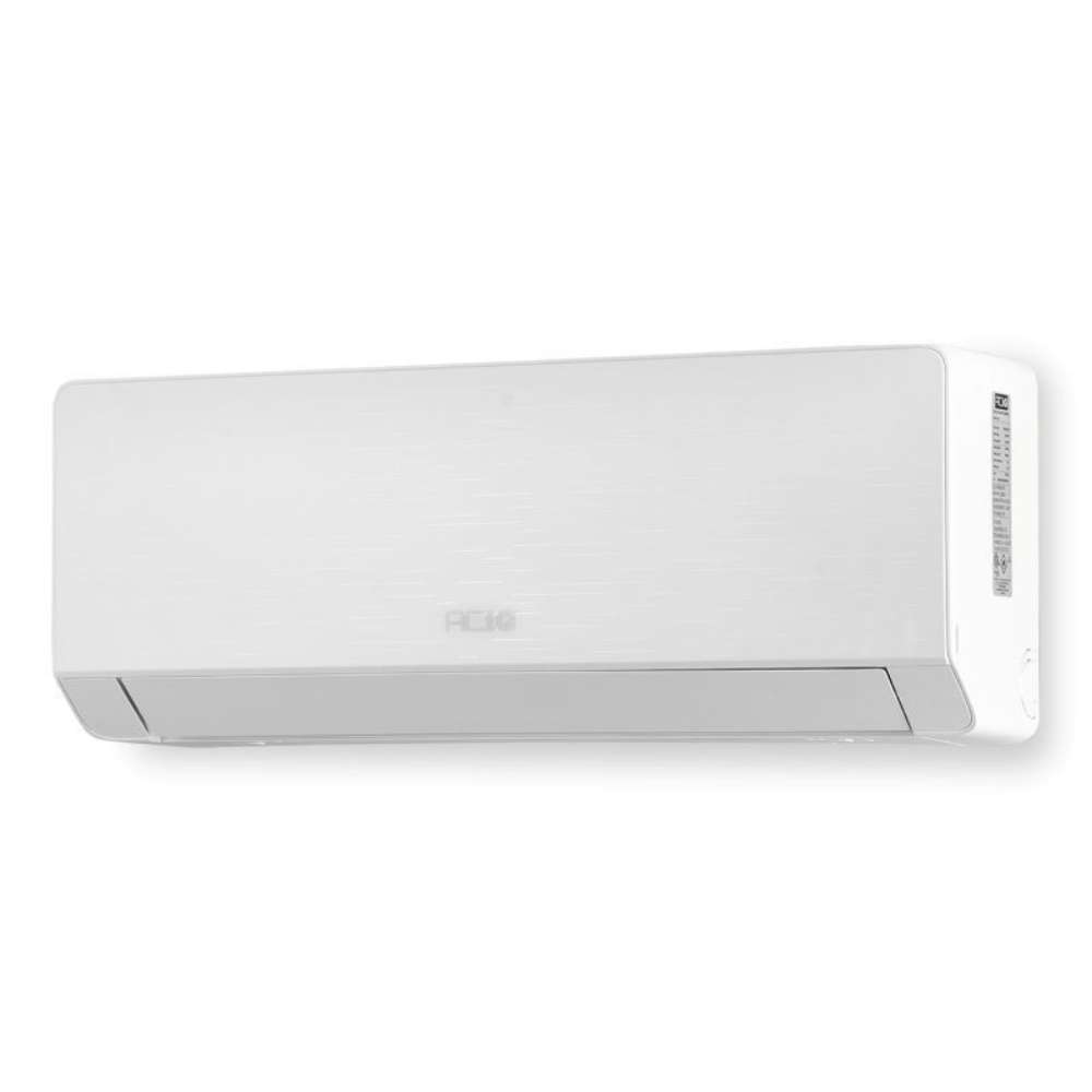 Front angle view of the slim white wall mounted indoor air handler included with the ACiQ 24000 BTU Essentials 23 SEER2 2 Zone Wall Mount Mini Split Heat Pump System
