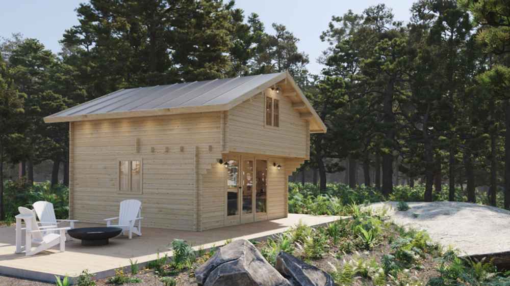 Front-angle view of Sawmill Structures The Northwood Grand DD 70mm Garden Room highlights its glass doors, compact size, and natural wood finish