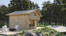 Front-angle view of Sawmill Structures The Northwood Grand DD 70mm Garden Room highlights its glass doors, compact size, and natural wood finish