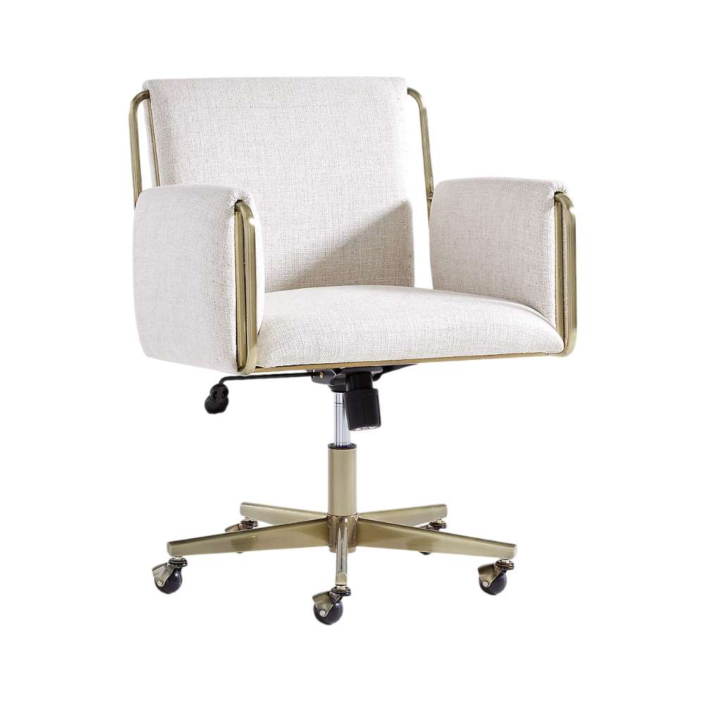 Front angled view of Crate & Barrel Caterina Natural Upholstered Office Chair with Brass Base, featuring a cushioned seat, upholstered arms, and warm brass detailing