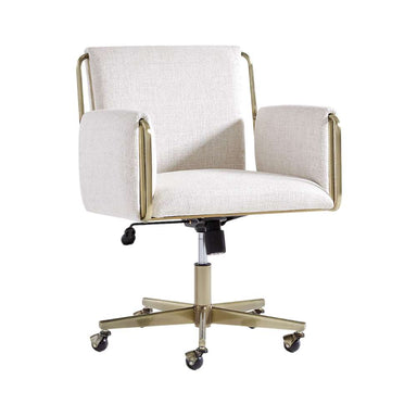 Front angled view of Crate & Barrel Caterina Natural Upholstered Office Chair with Brass Base, featuring a cushioned seat, upholstered arms, and warm brass detailing